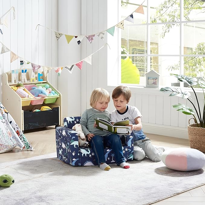 Ulax furniture Children Sofa Chair for Reading, Kids FILP-Out Polyurethane Chair, Lightweight, Convertible Sofa to Sleeper Couch (Navy Dinosaur)