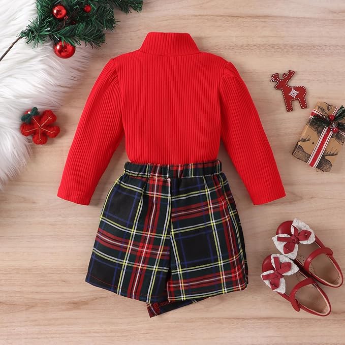 Fernvia Toddler Baby Girl Fall Winter Skirt Set Turtleneck Ribbed Long Sleeve T-Shirt Top & Plaid Skirts Dress 2Pcs Outfits