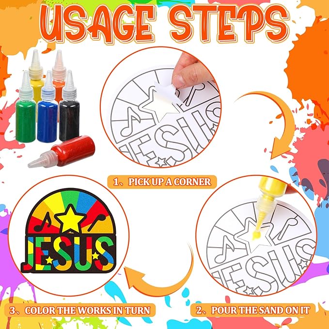 24 Sets Religious Sand Art Craft Kit for Kids Inspirational Words Painting Kit with Colored Sand Make Your Own Crafts Art DIY Art Project for Sunday School Vbs Home Fun Activities