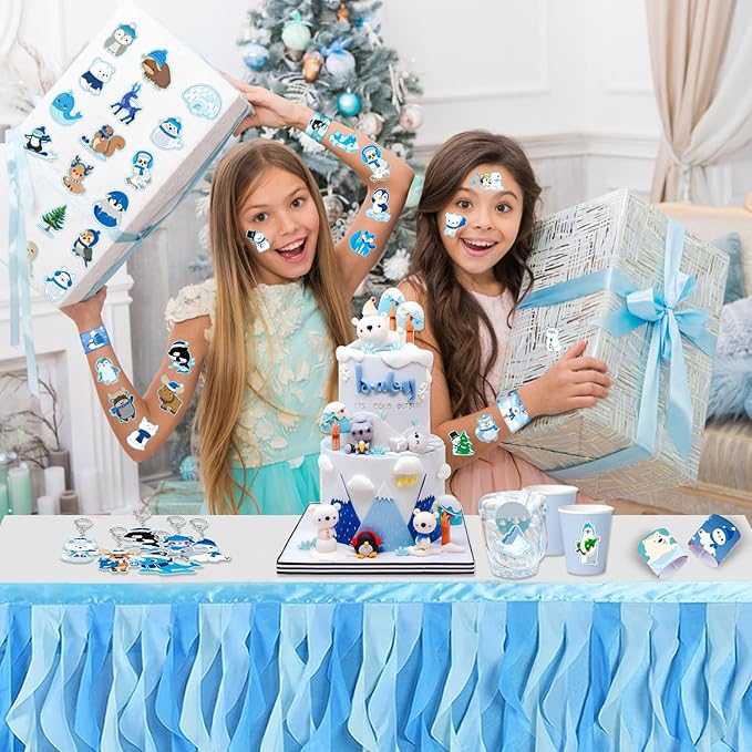 98 PCS Winter Arctic Animals Party Favors, Winter Arctic Polar Animals Stickers Temporary Tattoos Slap Bracelets Keychains Badges Arctic Animals Birthday Party Decorations Supplies for Kids