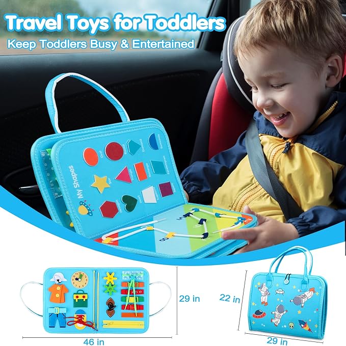 Toddler Busy Board Montessori Toys for 1 2 3 4 Year Old Boys Birthday Gifts - Educational Learning Busy Book Sensory Toys for Toddlers 1-3 - Airplane Car Travel Activities Toys for Kids Ages 2-4