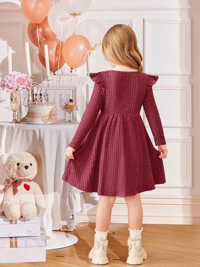 Arshiner Toddler Girl Dress Baby Girls Knitted Ruffle Sleeve Pocket Dresses A-Line Flared Fall Winter Clothes for 2-8 Years