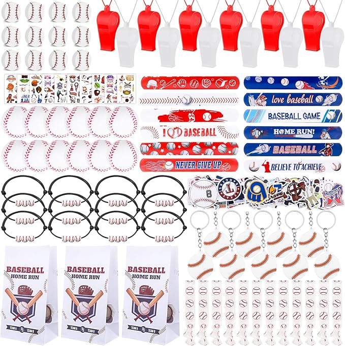 208Pcs Baseball Party Favors with Baseball Party Bags Baseball Whistle Mini Foam Baseball Ball Slap Bracelets Keychains Sticker Tattoo Eraser for Baseball Party Goodie Bag Fillers Party Decorations