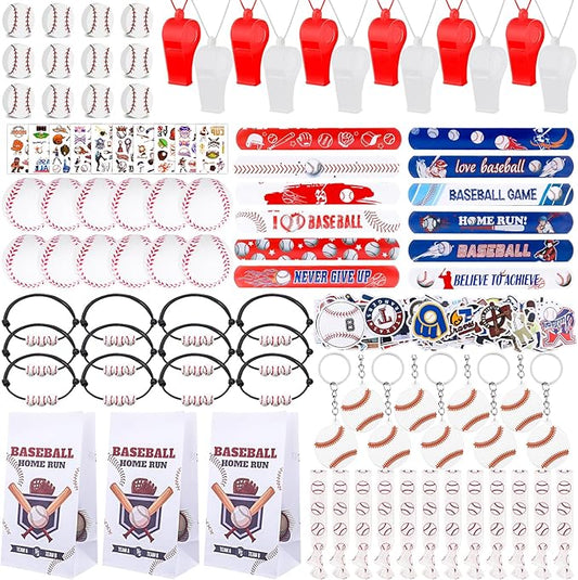 208Pcs Baseball Party Favors with Baseball Party Bags Baseball Whistle Mini Foam Baseball Ball Slap Bracelets Keychains Sticker Tattoo Eraser for Baseball Party Goodie Bag Fillers Party Decorations