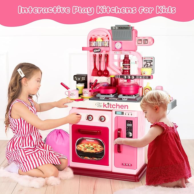 Kids Kitchen Playset, 27.1 Inches Play Kitchen with Sound and Light, Kitchen Set for Toddlers 1-3 3-5, Cooking Stove, Play Sink and Kitchen Accessories, Toddler Kitchen Playset(Pink)