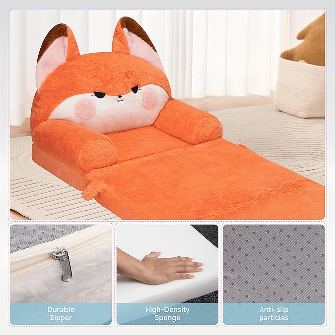 MONKISS 2-in-1 Toddler Couch Chairs Comfy, Kids Chair Couch, Mini Couch, Flip Out Sherpa Kids Sofa, Baby Couch, Chair for Toddlers 1-3, Kids Lounge Chair Reading Chair, Kids Couch Bed Fold Out, Fox