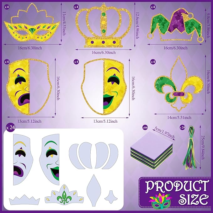 24 Sets Mardi Gras Craft Kits Tissue Paper DIY Crown Mask Fleur De Lis Hanging Ornaments Purple Green Yellow Glitter Art Decoration for Mardi Gras Masquerade Carnival Party Decoration