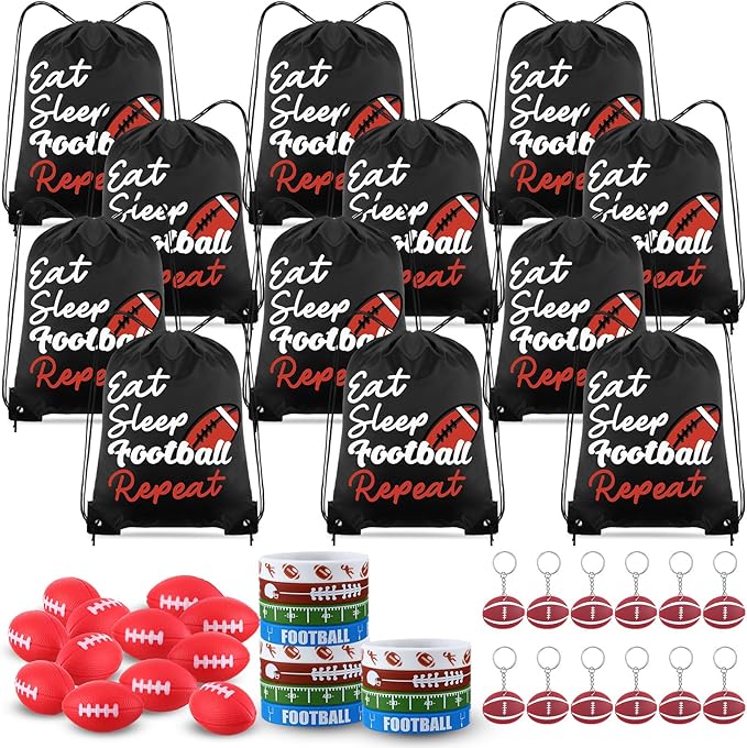 48 Pcs Football Party Favors for Kids Include 12 Football Drawstring Bags, 12 Football Keychain, 12 Silicone Football Bracelets, 12 Mini Stress Ball for Sports Birthday Supplies Decorations