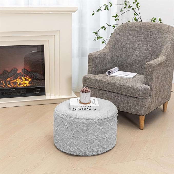 Pouf Ottoman Stuffed 20x20x12 Inches Floor Pouf Plush Fiber Ottoman Foot Rest Under Desk Foot Stool for Living Room Bedroom (Light Gray Pouf with Filler)