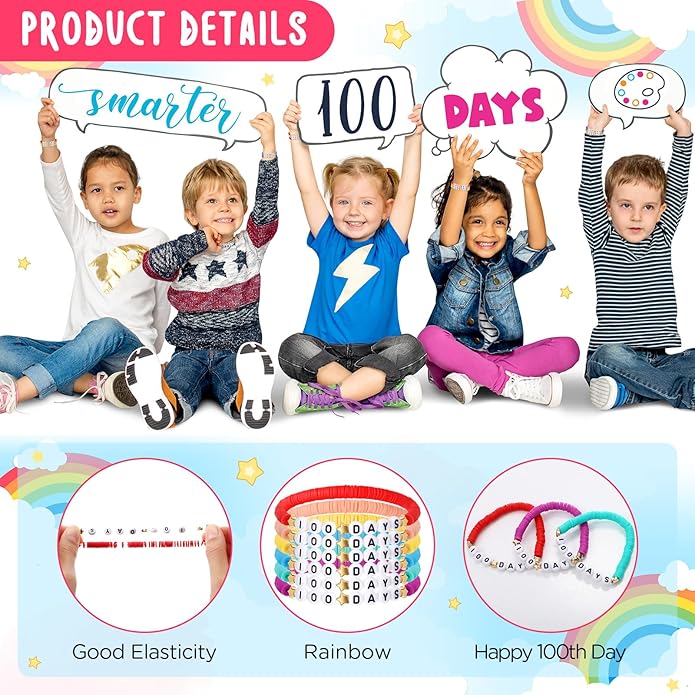 36 Pcs Happy 100th Day of School Bracelets Colorful Friendship Beads Bracelet for Boy Girl Kids Cute 100th Day Gifts Stretchy Acrylic Clay for School Supply Decor Student Rewards