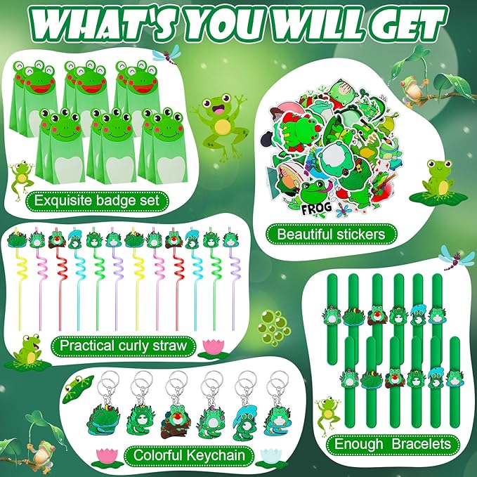 98 Pcs Frog Party Favor Supplies Set Include Frog Party Paper Bags Frog Stickers Frog Keychains Curly Drinking Straws Animal Slap Bracelets for Boy Girl Animal Frog Themed Birthday Decoration