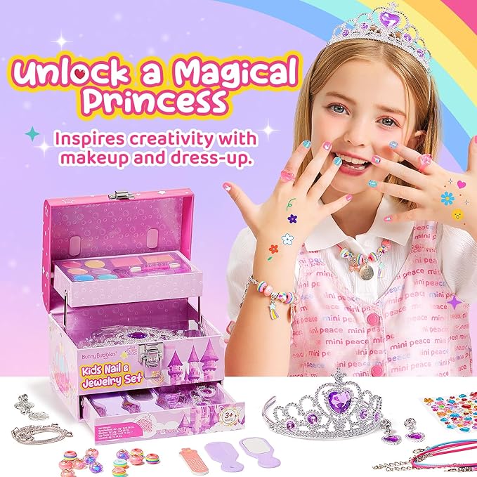 Kids Makeup Kit for Girls, Real Washable Cosmetic Set with Mirror, Jewelry Bracelet Making Kit for Kids Makeup Toy, Kids Makeup Sets for Girls 4 5 6 7 8 9 10 11 12 Years Old Kid (Purple)