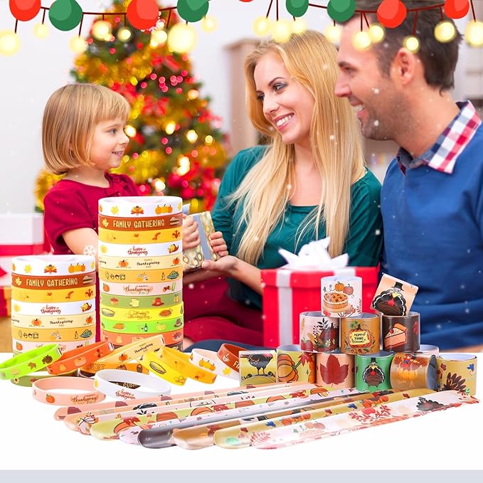 48Pcs Fall Thanksgiving Party Favors Slap Bracelets Rubber Wristbands Pumpkin Pattern Toys Bulk for Boys Girls Harvest Class Exchange Gifts Reward Prizes Thanksgiving Party Supplies