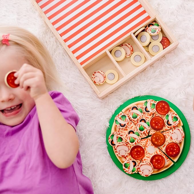 Melissa & Doug Pizza Party Wooden Pretend Play Food Set With 36 Toppings, Preschool Toy Pretend Food, Play Wooden Pizza And Cutter, Toy For Kids Ages 3+