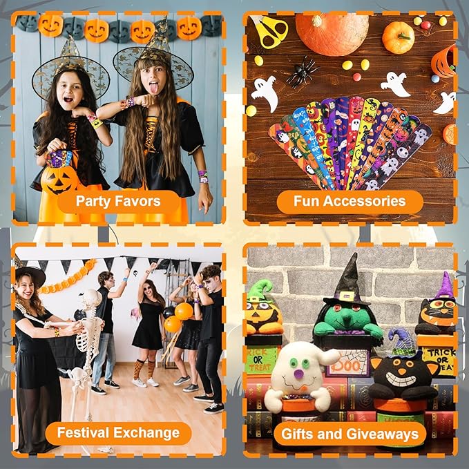 48 Pieces Halloween Slap Bracelets Bulk Party Favors for Kids - 12 Designs Spooky Snap Bands, Trick-or-Treat Goodie Bag Fillers, Classroom Prizes Accessories, Wrist Decorations Gifts Supplies