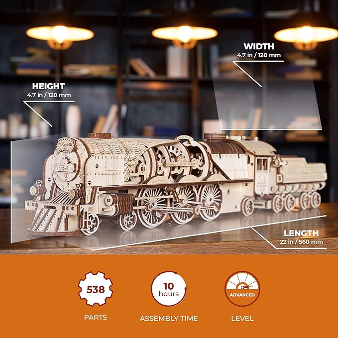 UGEARS 3D Puzzles for Adults - V-Express Steam Train with Tender Idea- 3D Wooden Puzzle Model Kits for Adults and Teens Building Kit Wooden Model Kits
