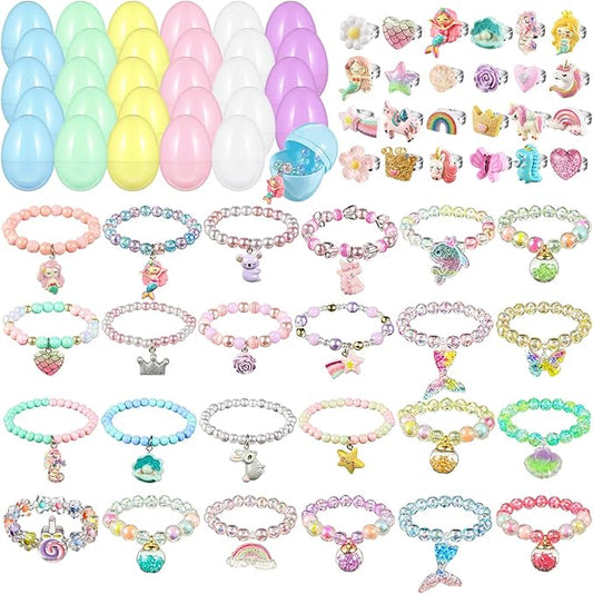 24 Set Easter Eggs Filled with Toys Jewelry, Plastic Easter Eggs Plastic Easter Eggs Filler Easter Gift Easter Basket Stuffers for Kids(Jewelry Style)