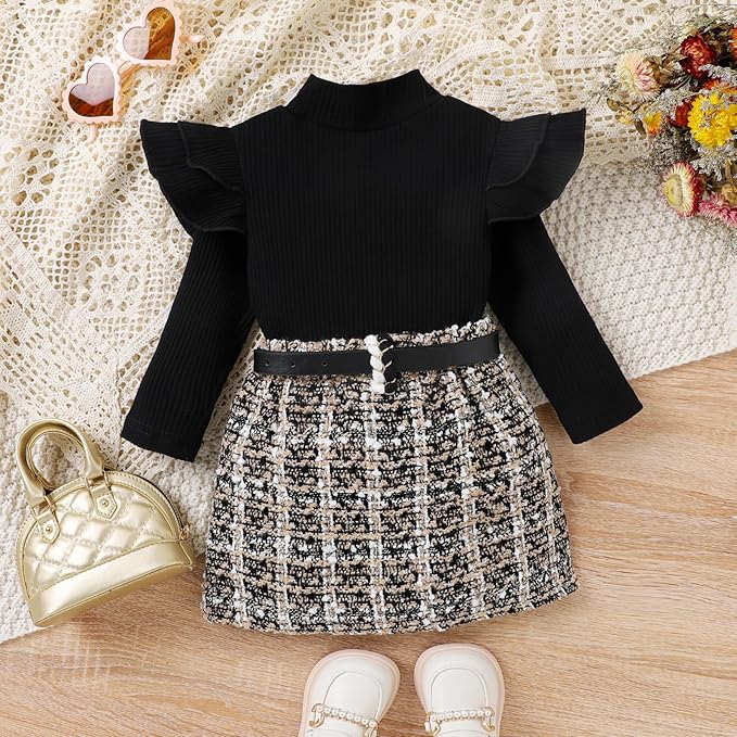 Fernvia Toddler Baby Girl Fall Winter Skirt Set Turtleneck Ribbed Long Sleeve T-Shirt Top & Plaid Skirts Dress 2Pcs Outfits