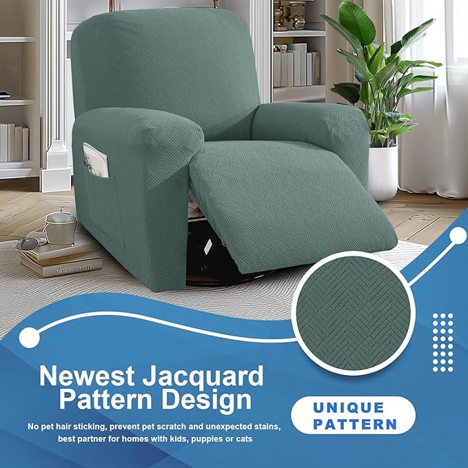 JIVINER 3 Piece Oversized Recliner Covers for Large Recliner with Pockets Stretch Jacquard Lazy Boy Reclining Couch Cover Soft Furniture Couch Protector with Elastic Bottom (1 Seater-XL, Pea Green)