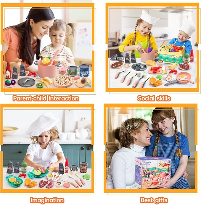 80Pcs Kitchen Playset, Toddler Pretend Cooking with Pots, Pans, Cookware, Food, Picnic Blanket, Fruits, Veges, Shopping Storage Basket, Dessert, Learning Gift for Girls Boys (Pink)