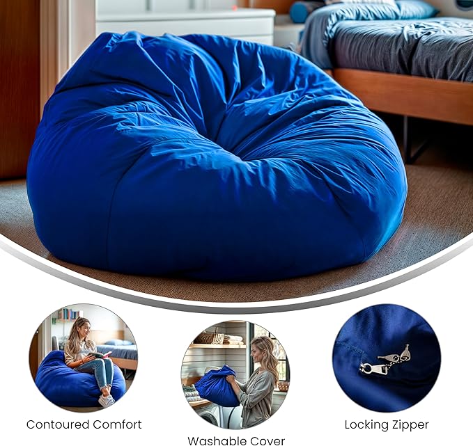 Flash Furniture Duncan Oversized Bean Bag Chair for Kids and Adults, Foam-Filled Beanbag Chair with Machine Washable Cover, Royal Blue