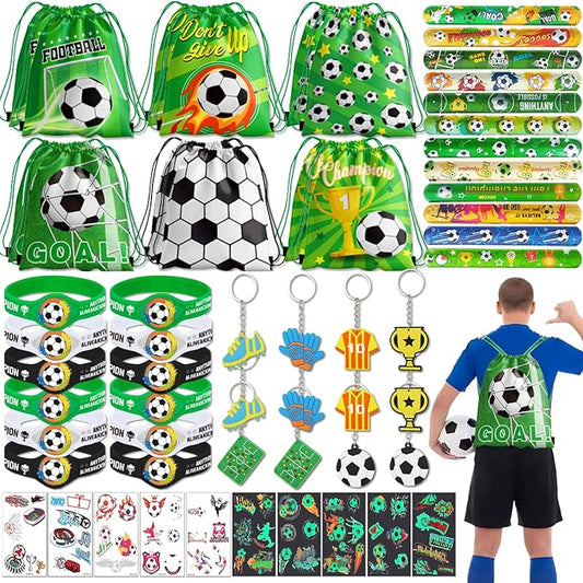 58Pcs Soccer Party Favors: Soccer Goodie Bags for boys Includes 12Pcs 13 x 11 Inch Soccer Drawstring Bags Slap Silicone Bracelet Keychain Tattoo Stickers for Soccer Party Decorations Supplies