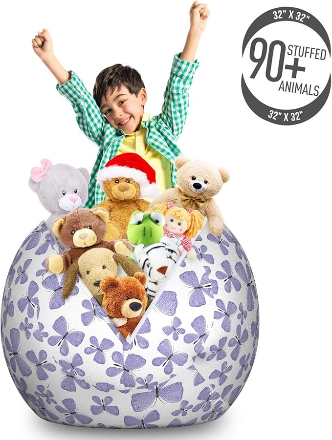 Ambesonne Butterfly Storage Toy Bag Chair, Continuous Pattern of Monotone Abstract Winged Delicate Insect, Stuffed Animal Organizer Washable Bag, Large Size, Blue Grey