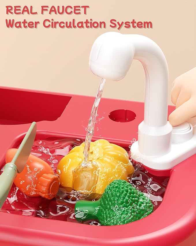 49Pcs Kitchen Playset for Boys & Girls, Kid Play Kitchen with Realistic Lights & Sounds, Spray Sink Toy Kitchen Accessories, Pretend Food Toys Kitchen for Toddlers(Red)