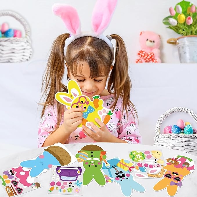 3sscha 123Pcs Easter Bunny Craft Kit for Kids - DIY Make Your Own Bunny Card Set Self-Adhesive Sticker Handmade Artwork Decoration Holiday Celebration Classroom Home Activity Gift Party Favor Supplies