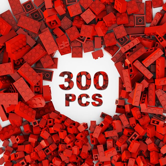 300 Pcs Classic Building Bricks, Red Bulk Bricks,Compatible with Lego and Major Brands Parts and Pieces, Creative Building Block Toys for Boys Girls Ages 6 7 8 9 10 Year Old