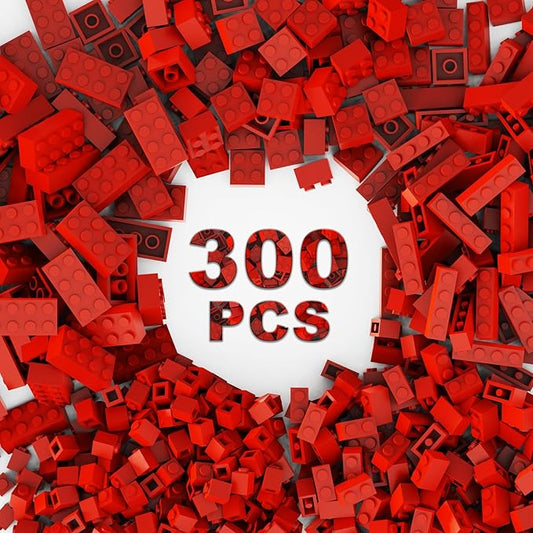 300 Pcs Classic Building Bricks, Red Bulk Bricks,Compatible with Lego and Major Brands Parts and Pieces, Creative Building Block Toys for Boys Girls Ages 6 7 8 9 10 Year Old