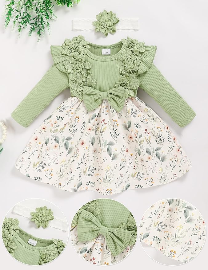 Baby Girl Dress Fall Flower Ruffle with Lace Headband Toddler Girls 3M-3T Infant Dresses Winter Baby Girl Clothes