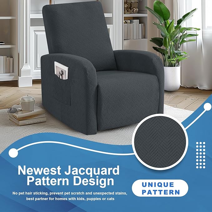 JIVINER 3 Piece Small Recliner Covers for Large Recliner with Pockets Stretch Jacquard Lazy Boy Reclining Couch Cover Soft Furniture Couch Protector with Elastic Bottom (1 Seater Small, Dark Gray)