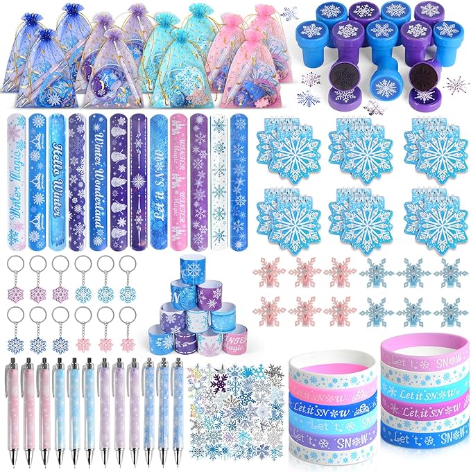 146PCS Frozen Party Favors, Snowflake Birthday Party Favors with Notebooks Pens Stampers Stickers, School Stationery Set Birthday Supplies, Goodie Bag Stuffers Classroom Gift Reward Prize for Kids