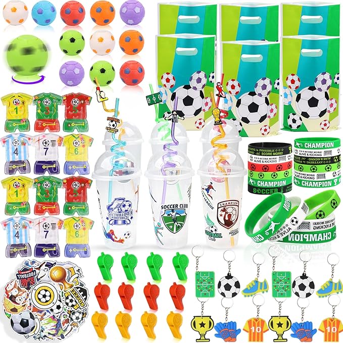 166 Pcs Soccer Party Favors for 12 People Party Supplies with Cup Straw Stress Ball Keychain Sticker Silicone Wristbands Whistle Goodie Bags for Kids Birthday Decorations Gifts