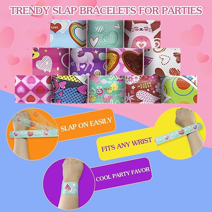24 Pcs Valentines Day Slap Bracelets for Kids Party Favors, Holiday Slap Bracelets with Colorful Hearts for Girls Valentine's Day Party Decorations Classroom Prizes Birthday Gifts