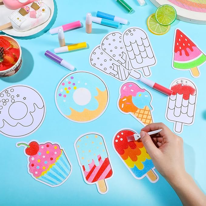 30 Sets Sand Art Kit Crafts for Kids 30 Sand Art Pictures with 23 Colored Sands DIY Sweet Treat Craft Sand Paintings with Brushes for Children DIY Arts Educational Learning Activity