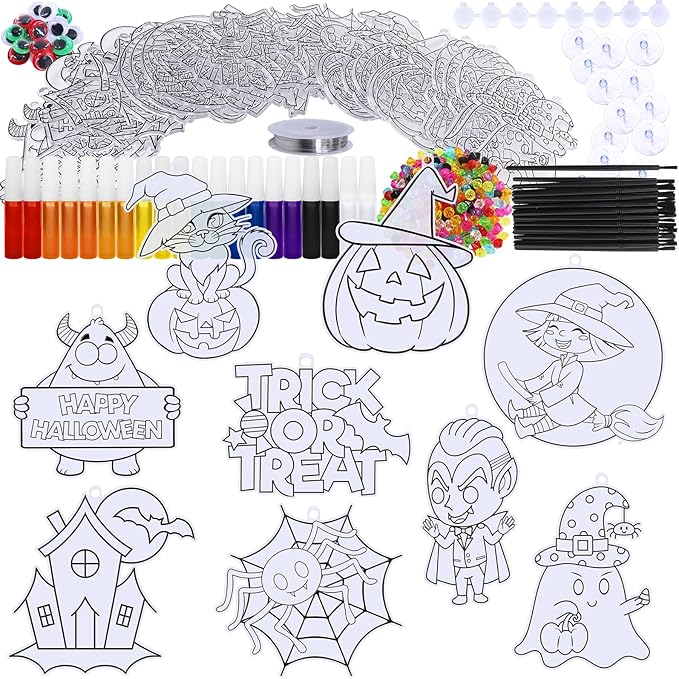 27 Sets Halloween Suncatcher Ornaments Decoration DIY Window Paint Art Craft Kit Jack-O'-Lantern Ghost Vampire Witch Spider Sun Catchers for Halloween Classroom Party Art Activity Trick or Treat Gift