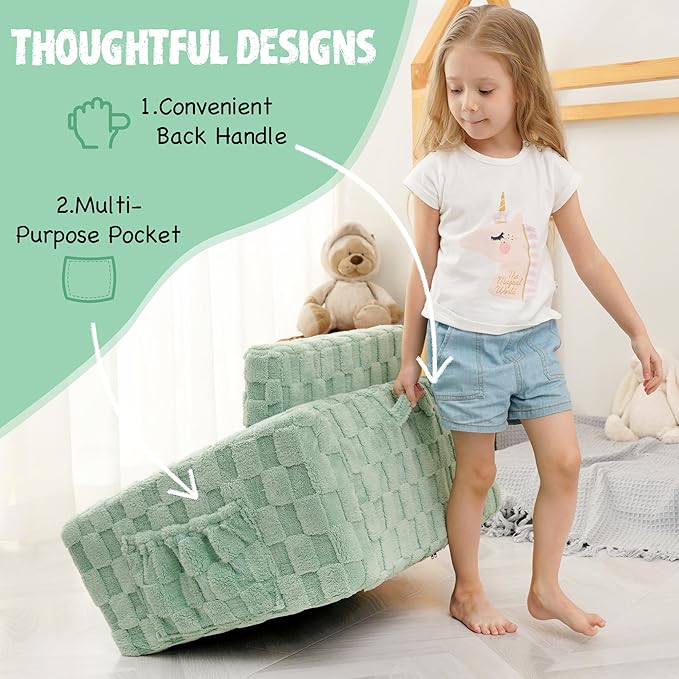 Kids Sofa, Toddler Chair, 2-in-1 Flannel Kids Fold Out Couch, Toddler Convertible Sofa to Lounger, Flip Open Toddler Couch for Kids (Green)