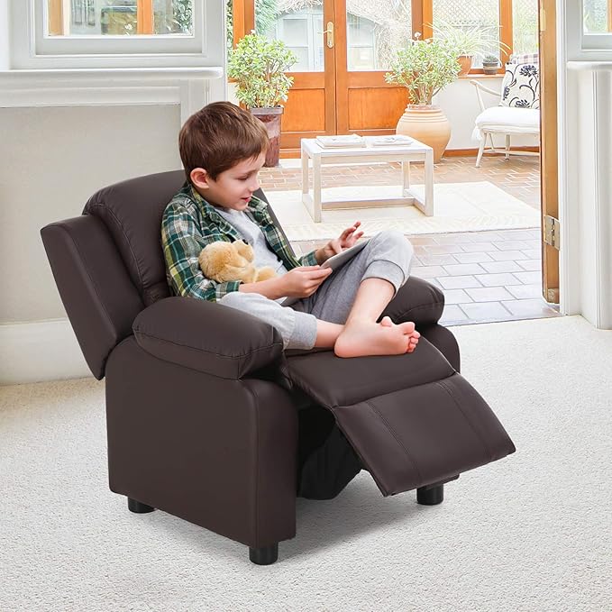 Kids Recliner, Leather Lounge Chair w/Footrest, Armrest, Headrest & Lumbar Support, Ergonomic Toddler Sofa Armchair for Boys Girls (Brown)