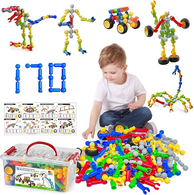 170 Pcs Building Toys for Kids Ages 4-8 with Toy Box Storage, Idea Guide, Building Blocks STEM Toys for 3 4 5 6 7 8 9 Year Old Creative Kids Activity, Christmas Birthday Gifts for Boys Girls