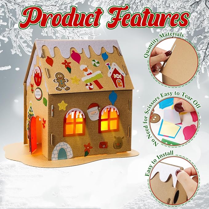 3 Sets Christmas Gingerbread House Kit Kids Christmas Craft Kit Cardboard Gingerbread House Decor Christmas Craft House Make a Gingerbread House Holiday Crafts for Christmas Party DIY Craft Supplies