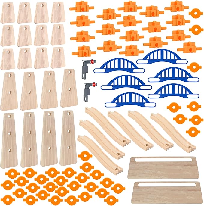 ORBRIUM 90 Pcs Ultimate Elevated Wooden Railway Construction Set Compatible with Thomas, Brio, IKEA, Imaginarium, Melissa & Doug Wooden Railway - Ascending Tracks and Bridge