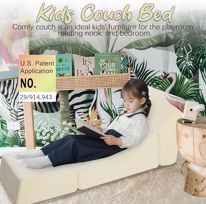 MeMoreCool Toddler Couch Fold Out Sofa Bed, Kids Lounge Chair Foldable Floor Lounger, 3-in-1 Folding Children Chair Bed, Pull Out Recliner for Toddlers 1-3, Beige