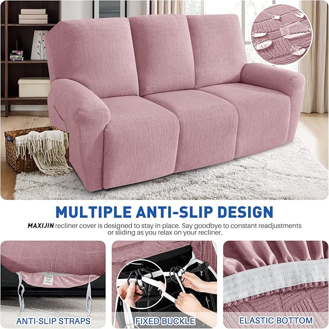 MAXIJIN Waterproof Recliner Couch Cover 5 Pieces Recliner Sofa Covers 3 Seater, Reclining Couch Furniture Protector with Elastic Straps & Pockets for Pet, Kids (Sofa Recliner, Dusty Pink)