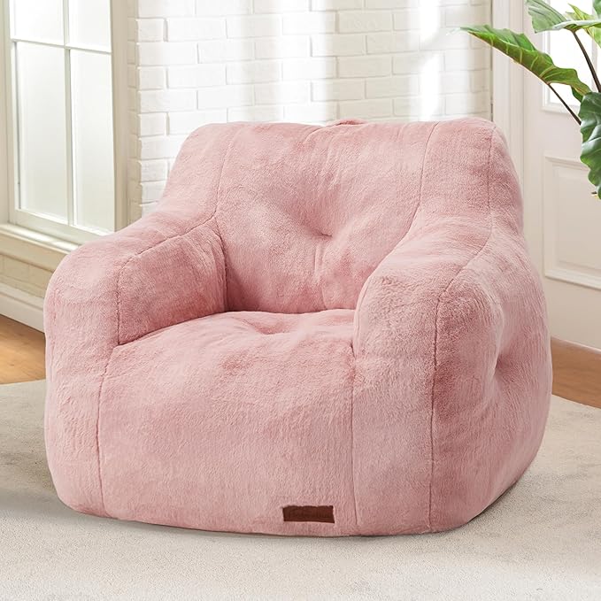 Bean Bag Sofa Chairs for Adults Comfy Bean Bag Sofa Fluffy Beanbag Chair Plush Chair Big Bubble Foam Sofa with Filler with Armrest for Apartment, Dorm, Living Room, Bedroom (Pink)