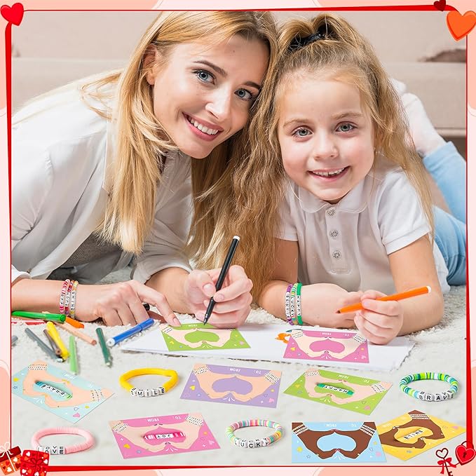 24 Pack Valentine’s Day Friendship Bracelets Card Gifts Set, Friendship Clay Beads Bracelet with Valentines Card Kids School Classroom Prizes Exchange Gift Valentines Party Favors Supplies