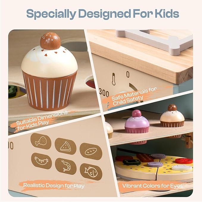 ROBOTIME Wooden Toy Kitchen Oven Playset, Montessori Pretend Play Kitchen Accessories with Pizza and Cupcakes Food Toys, Wooden Pizza Oven Set Toys for Toddlers & Kids