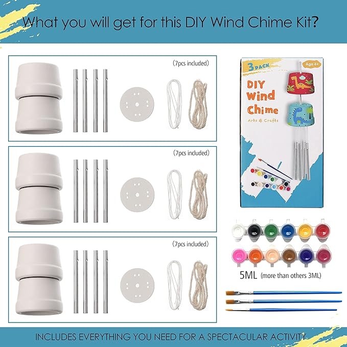 3-Pack DIY Wind Chime Kits- Arts and Crafts for Boys Girls Kids Ages 8-12 4-8 6-8 5-7 3-5, Construct & Paint Birthday Holiday for Kids