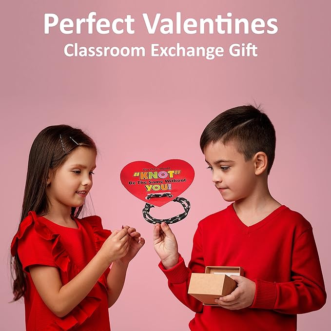 4E's Novelty Valentines Bracelets with Cards (48 Pack ) Our Class Will Knot Be The Same Without You - Bulk School Valentines Day Gifts for Kids from Teacher Party Favors Classroom Exchange